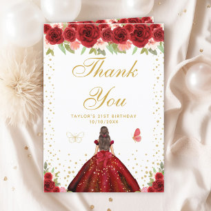 Carte De Remerciements Red Floral Brunette Coiffeuse Fille Anniversaire