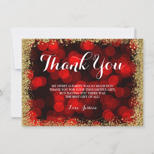 Carte De Remerciements Red Gold Faux Parties scintillant Lights Sweet 16 (Devant)