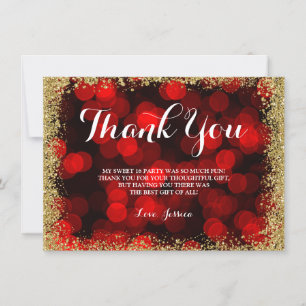 Carte De Remerciements Red Gold Faux Parties scintillant Lights Sweet 16