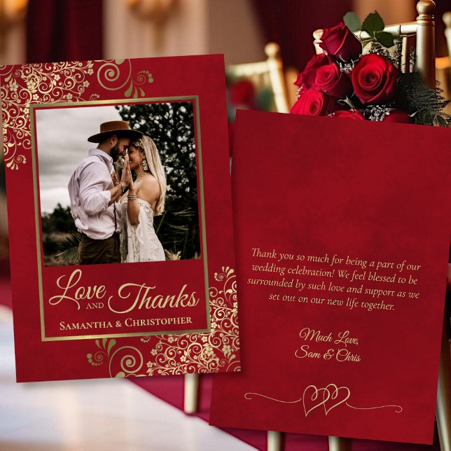 Carte De Remerciements Red & Gold Love & Thanks Photo & Note Mariage (Front/Back)
