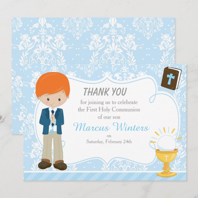 Carte De Remerciements Red Hair Boy First Communion Damask (Devant / Derrière)