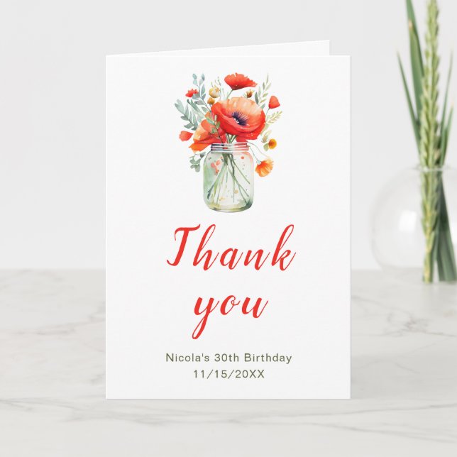 Carte De Remerciements Red Poppies Mason Jar Anniversaire (Devant)