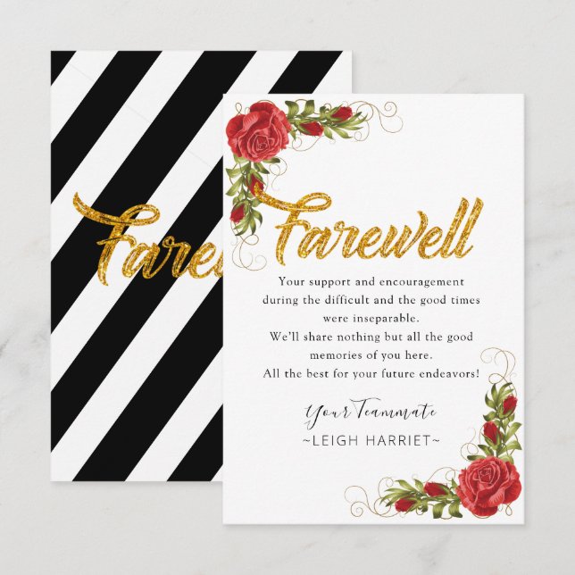 Carte De Remerciements Red Roses Elegant Lever Coworker fiche d'adieu (Devant / Derrière)