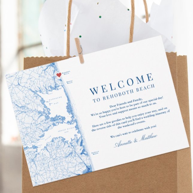 Carte De Remerciements Rehoboth Beach Mariage Itinéraire de bienvenue (Rehoboth Beach Wedding Weekend Itinerary card with welcome letter from Coastal Map Designs)