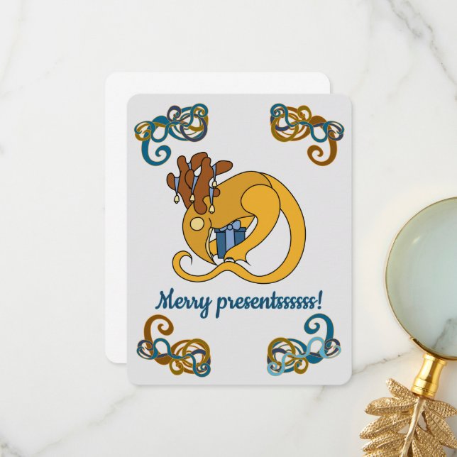 Carte De Remerciements Reindeer bird with bells and presents Christmas (Devant/Arrière en situation)