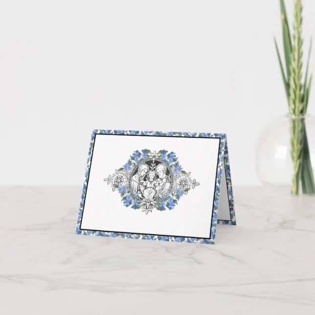 Carte De Remerciements Religieux Sainte Famille Élégant Bleu Floral (Devant)