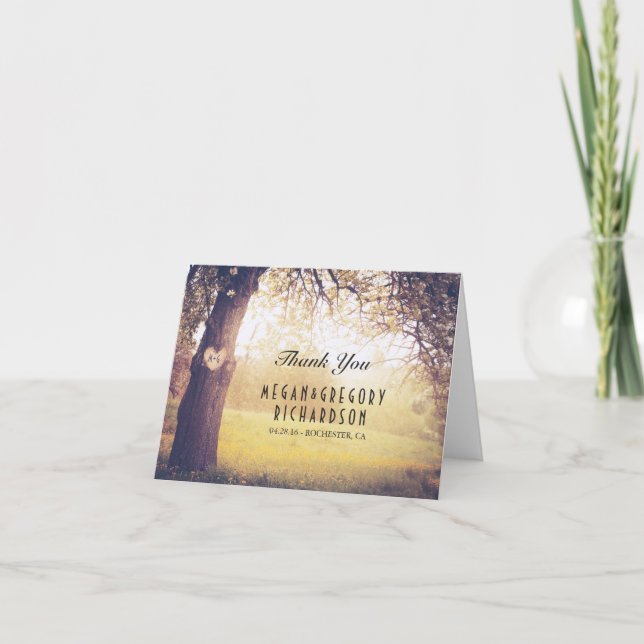 Carte De Remerciements Remerciement de mariage Arbre rustique et Cœur de  (Devant)