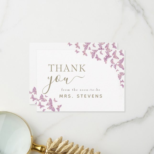 Carte De Remerciements Remerciement de Mariage Bohème Chic Papillon Viole (Devant/Arrière en situation)