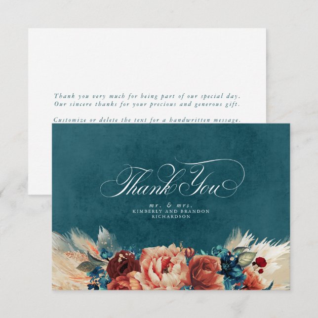 Carte De Remerciements Remerciement de mariage bohème floral sarcelle ter (Devant / Derrière)