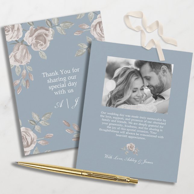 Carte De Remerciements Remerciement de mariage floral bleu poussiéreux et (Créateur téléchargé)
