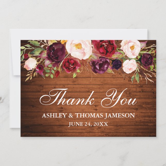 Carte De Remerciements Remerciement de mariage floral burgundy en bois ru (Devant)