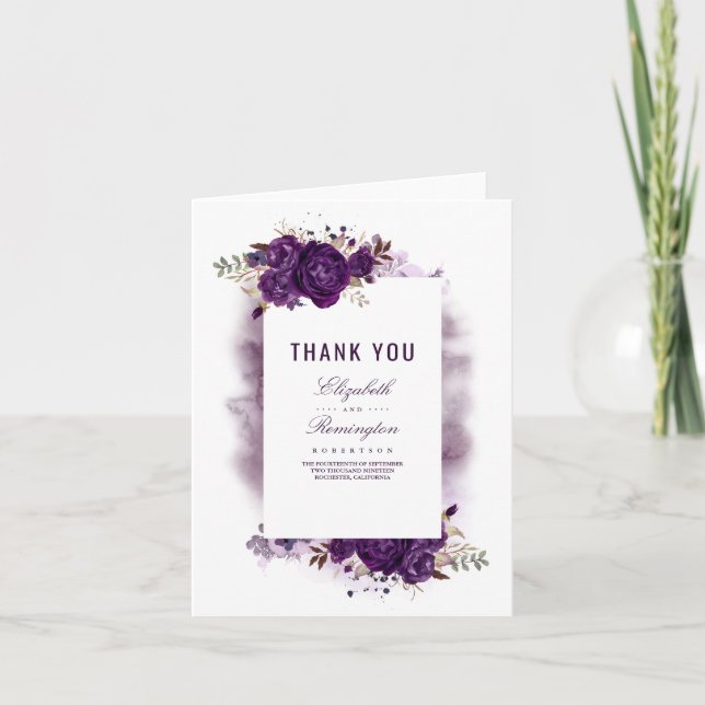 Carte De Remerciements Remerciement de mariage floral pourpre Aubergine (Devant)