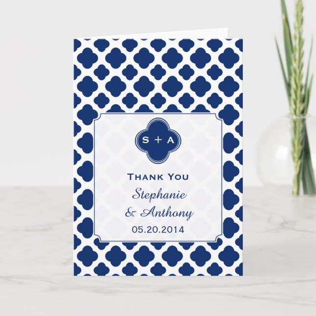 Carte De Remerciements Remerciement de mariage Monogramme Bleu Royal Quat (Devant)
