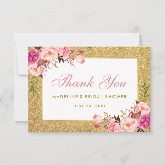 Carte De Remerciements Remerciement Fête de Mariée Rose Floral Paillettes (Devant)