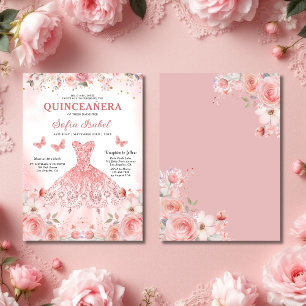 Carte De Remerciements Remerciement floral Rose Poudrée de Quinceañera