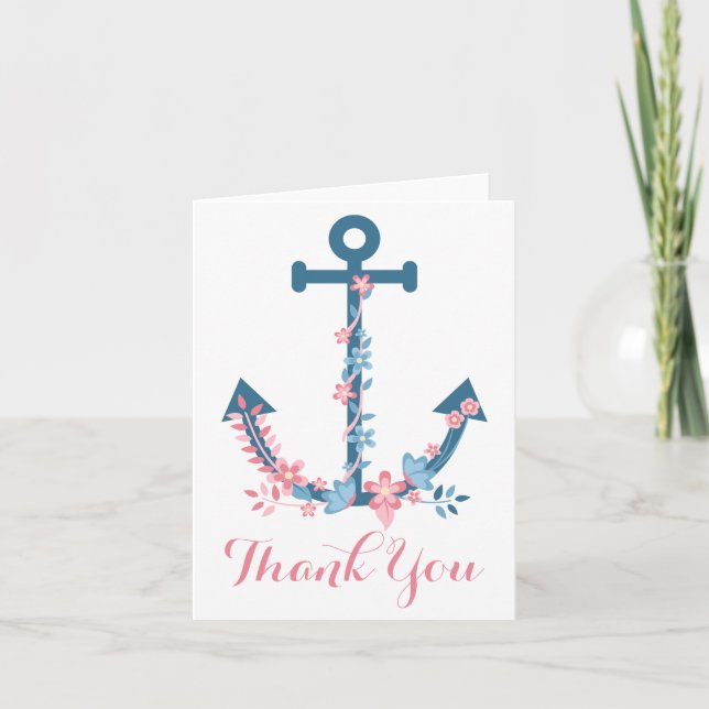 Carte De Remerciements Remerciement nautique Ancre de bateau Fleurs roses (Devant)