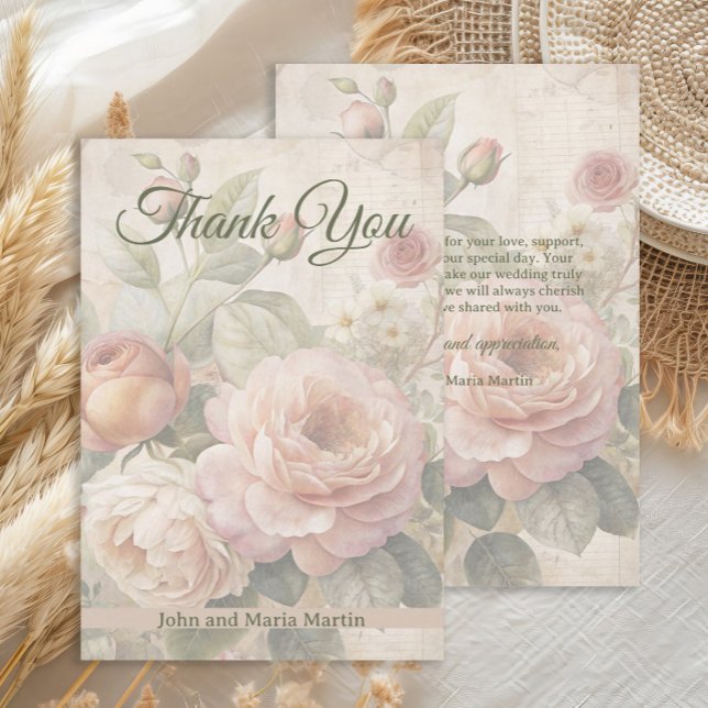 Carte De Remerciements Remerciements de mariage aux roses vintage romanti (Romantic vintage roses wedding Thank You card)