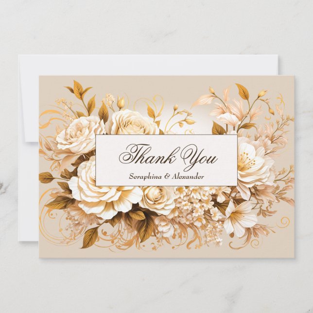 Carte De Remerciements Remerciements de mariage élégants or et ivoire flo (Devant)