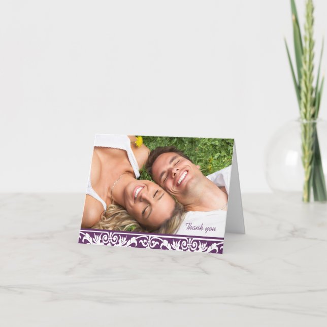 Carte De Remerciements Remerciements de mariage en photo - Blanc et prune (Devant)