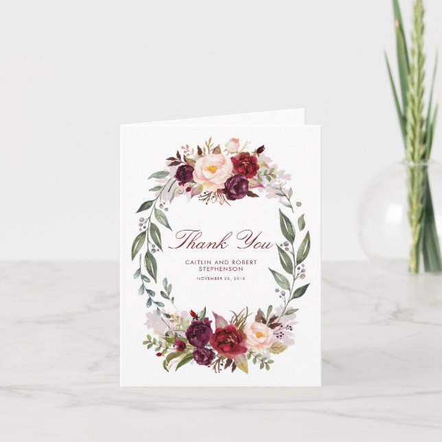Carte De Remerciements Remerciements de mariage floral bordeaux Marsala (Devant)