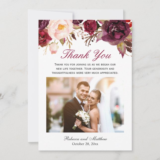Carte De Remerciements Remerciements de photo de mariage floral Marsala d (Devant)