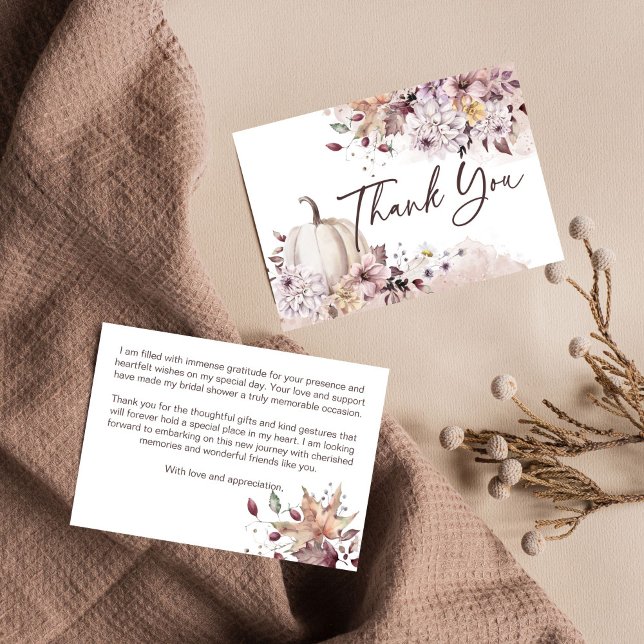 Carte De Remerciements Remerciment pour une fête de mariage boho citrouil (Fall in love boho pumpkin autumn themed bridal shower thank you card watercolor pastel dahlia )