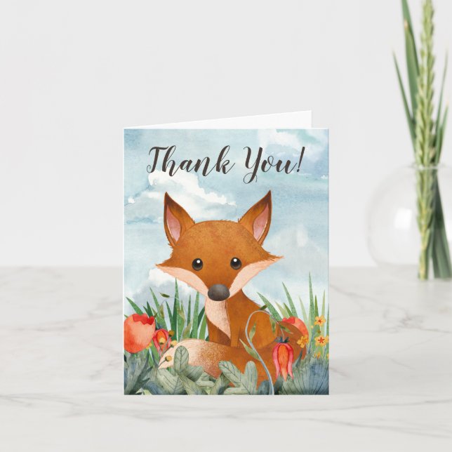 Carte De Remerciements Renard mignon et fleurs (Devant)