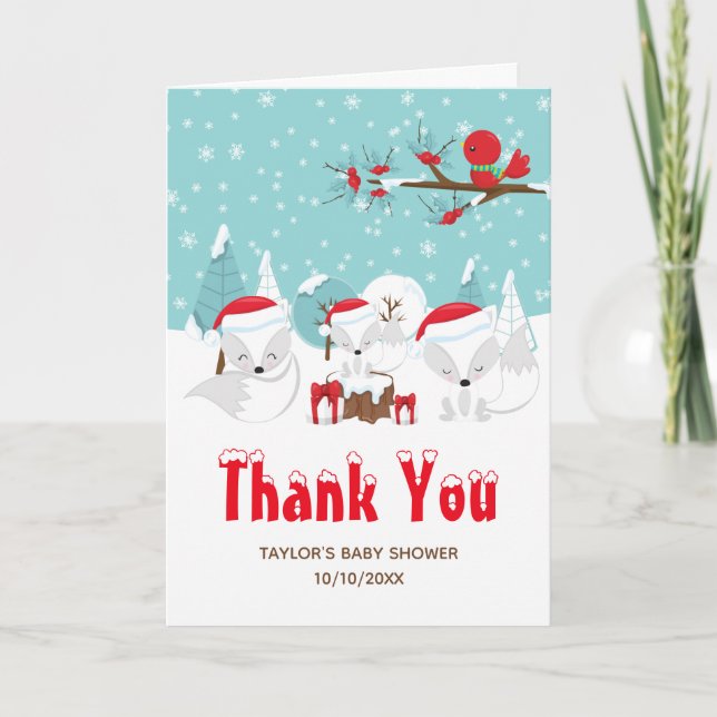 Carte De Remerciements Renards de l'Arctique Baby shower boisé de Noël (Devant)