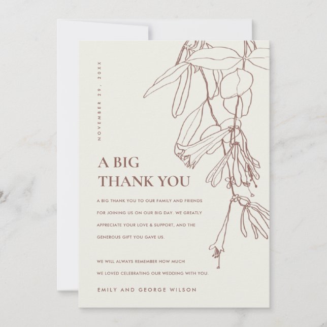 CARTE DE REMERCIEMENTS RETRO BLUSH OFF WHITE LINE DESSIN MARIAGE FLORAL (Devant)