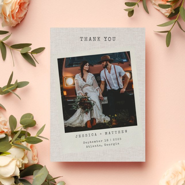 Carte De Remerciements Retro Photo Faux Linen Mariage personnalisé (Créateur téléchargé)