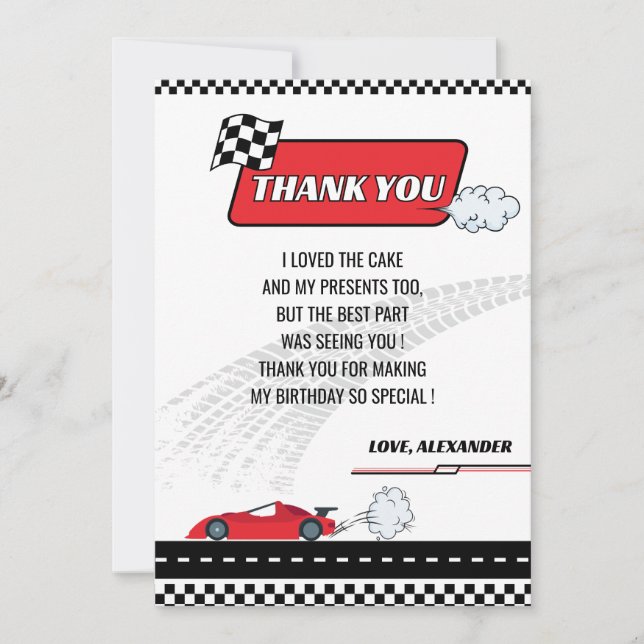 Carte De Remerciements Retro rouge voiture voiture garçon fête d'annivers (Devant)