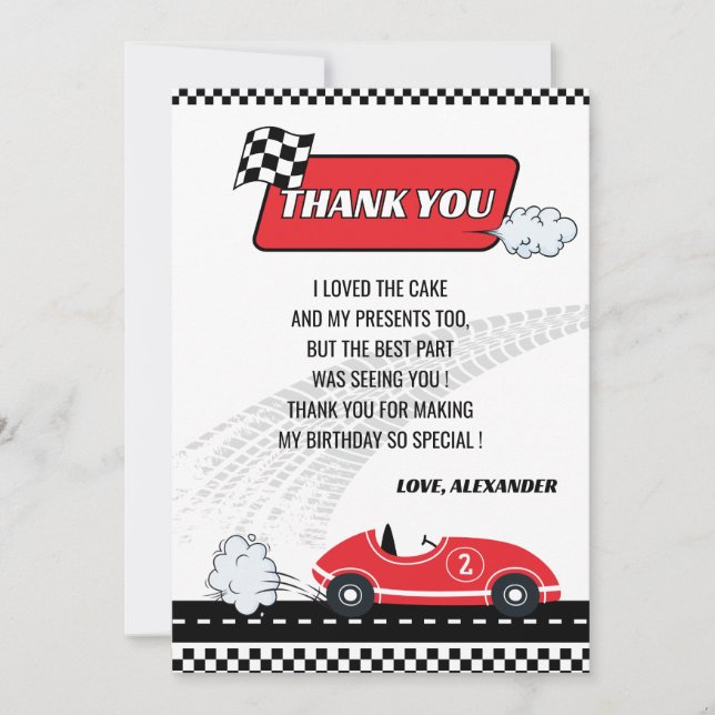 Carte De Remerciements Retro rouge voiture voiture garçon fête d'annivers (Devant)