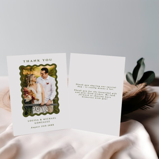 Carte De Remerciements Retro Wavy Frame Photo Vert & Blanc Mariage (Créateur téléchargé)