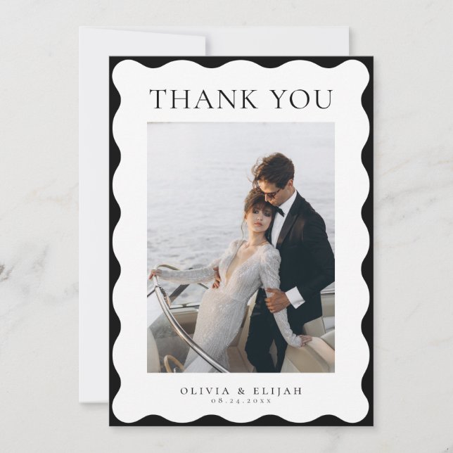 Carte De Remerciements Retro Wavy noir et blanc Photo W Note Mariage (Devant)