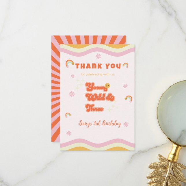 Carte De Remerciements Retro Young Wild et trois Anniversaire (Devant/Arrière en situation)