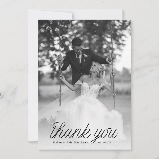 Carte De Remerciements Ribbon Black Script Minimalist Wedding Photo  (Devant)