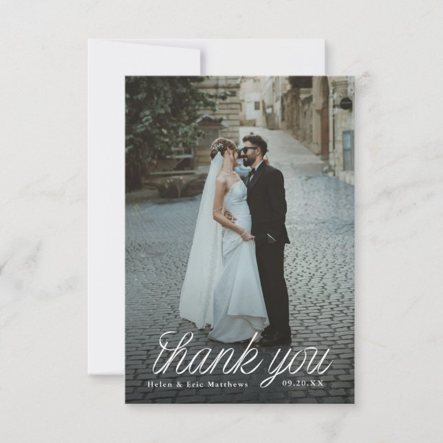 Carte De Remerciements Ribbon Script Minimalist Wedding Photo Small (Devant)