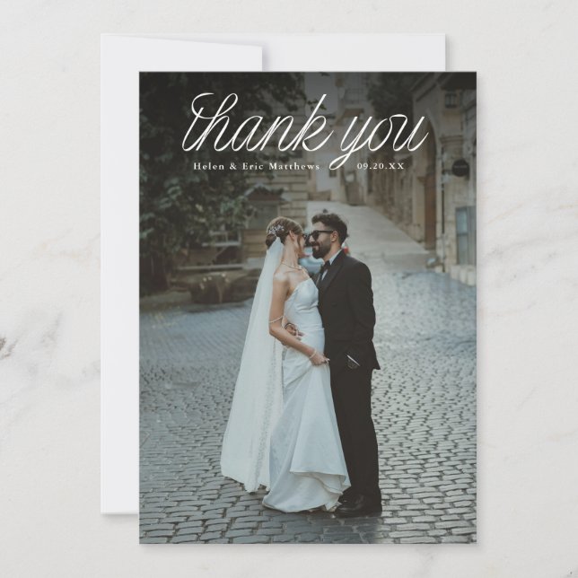 Carte De Remerciements Ribbon Script Top Minimalist Wedding Photo  (Devant)