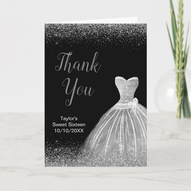 Carte De Remerciements Robe Argent Faux Parties scintillant Douce 16 Anni (Devant)