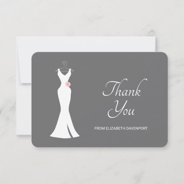 Carte De Remerciements Robe blanche élégante sur gris - Mariage simple et (Devant)