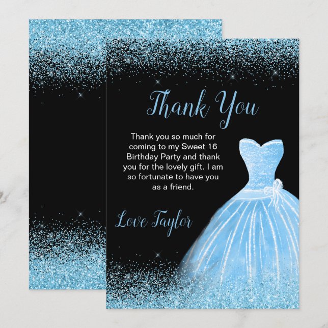 Carte De Remerciements Robe bleu clair Faux Parties scintillant Douce 16  (Devant / Derrière)