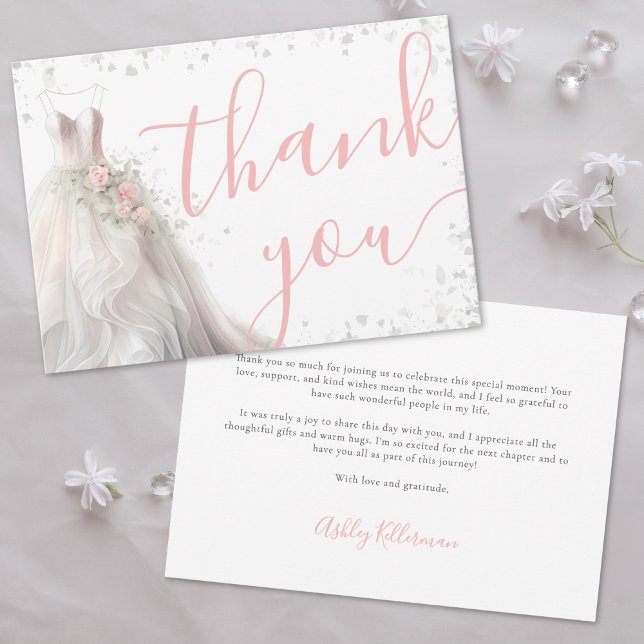Carte De Remerciements Robe de Mariée Élégante Rose pour Baby Shower Mari (Elegant Pink Wedding Dress Bridal Shower Thank You Card)