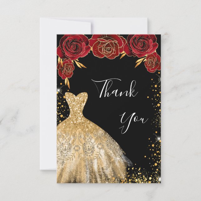 Carte De Remerciements Robe d'or noir fleurs rouges parties scintillant a (Devant)