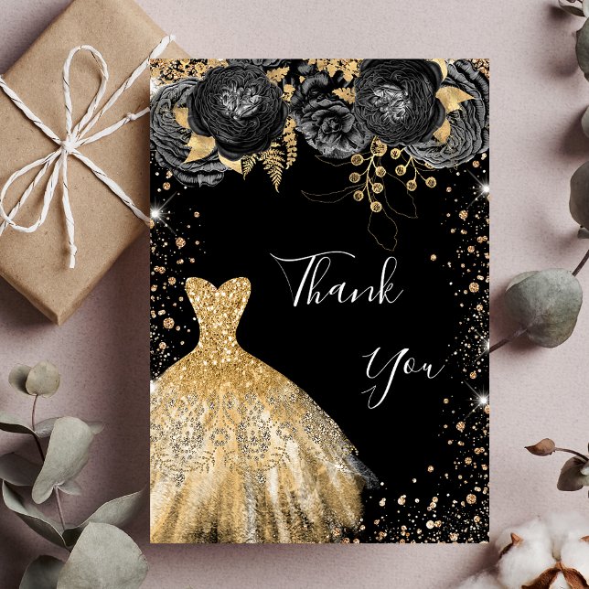 Carte De Remerciements Robe d'or noir floral glamour anniversaire (Créateur téléchargé)