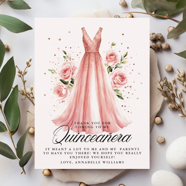 Carte De Remerciements Robe d'or Rose Floral Quinceañera 15e anniversaire (Créateur téléchargé)