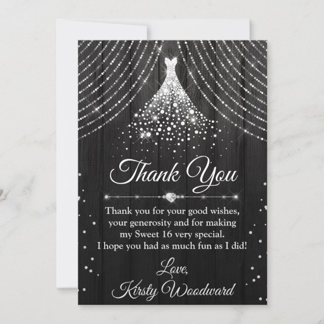 Carte De Remerciements Robe en argent et diamants noirs Sweet 16 (Devant)