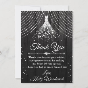 Carte De Remerciements Robe en argent et diamants noirs Sweet 16