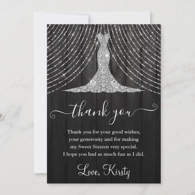 Carte De Remerciements Robe en diamant argenté sur Sweet sixteen en bois  (Devant)
