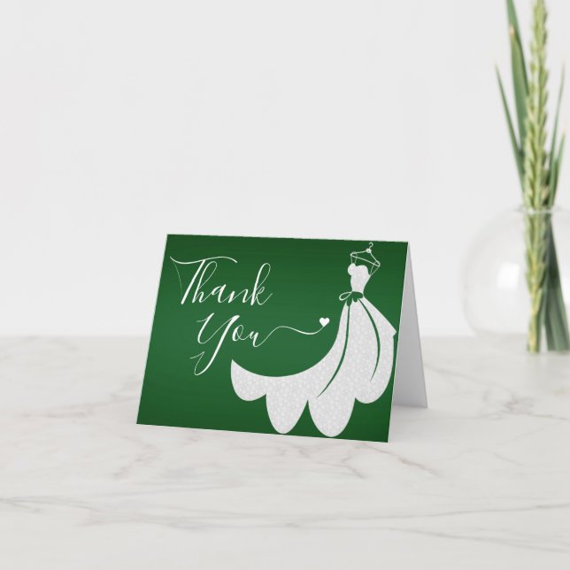 Carte De Remerciements Robe Mariage blanche sur Fête des mariées verte (Devant)