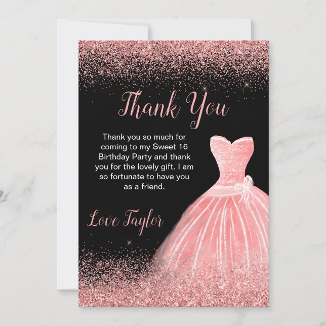 Carte De Remerciements Robe rose rose Faux Parties scintillant Douce 16 A (Devant)
